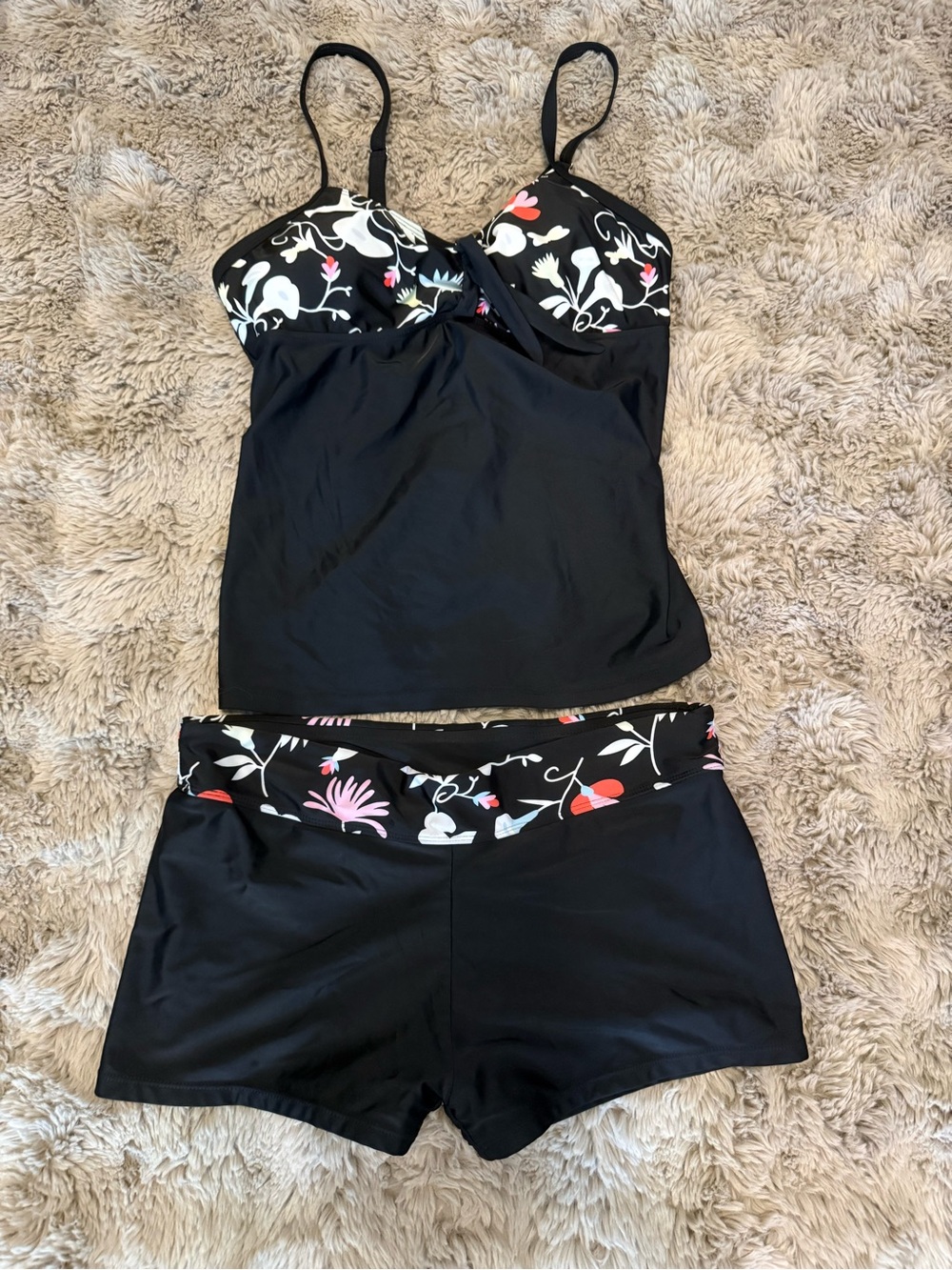 Black Floral-Trim Tankini Top & Swim Shorts - Women's Swim Bikini Set
